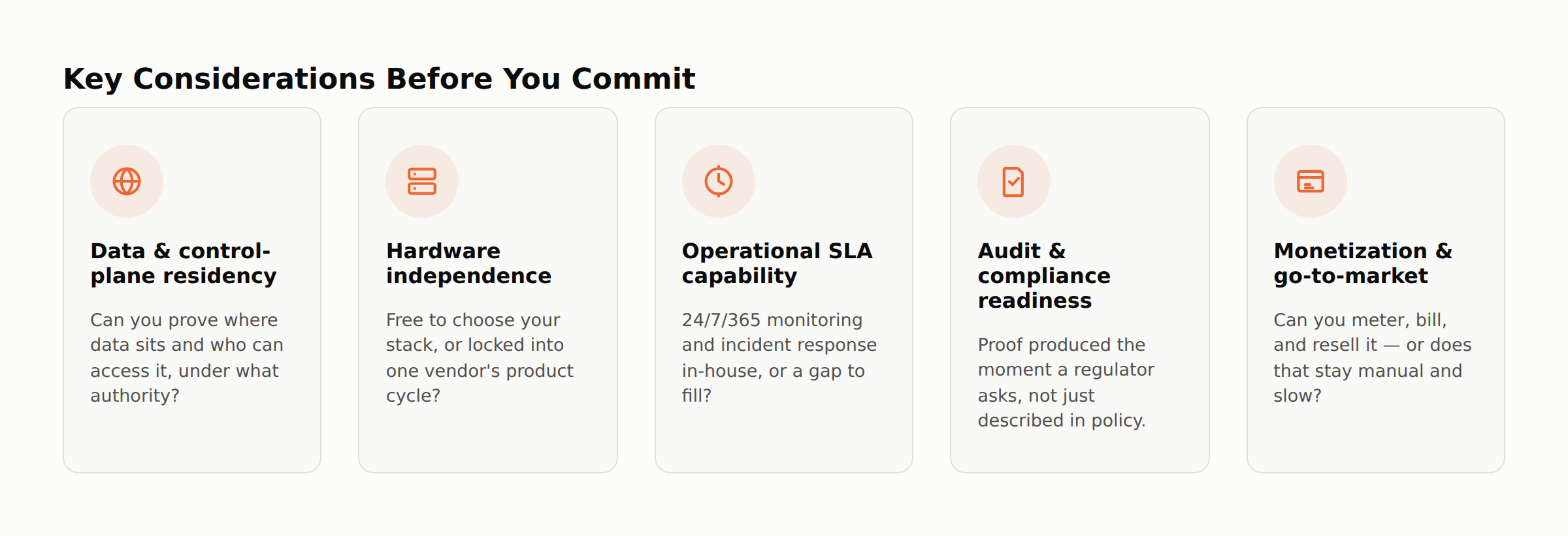 Key considerations before you commit: data and control-plane residency, hardware independence, operational SLA capability, audit and compliance readiness, and monetization and go-to-market